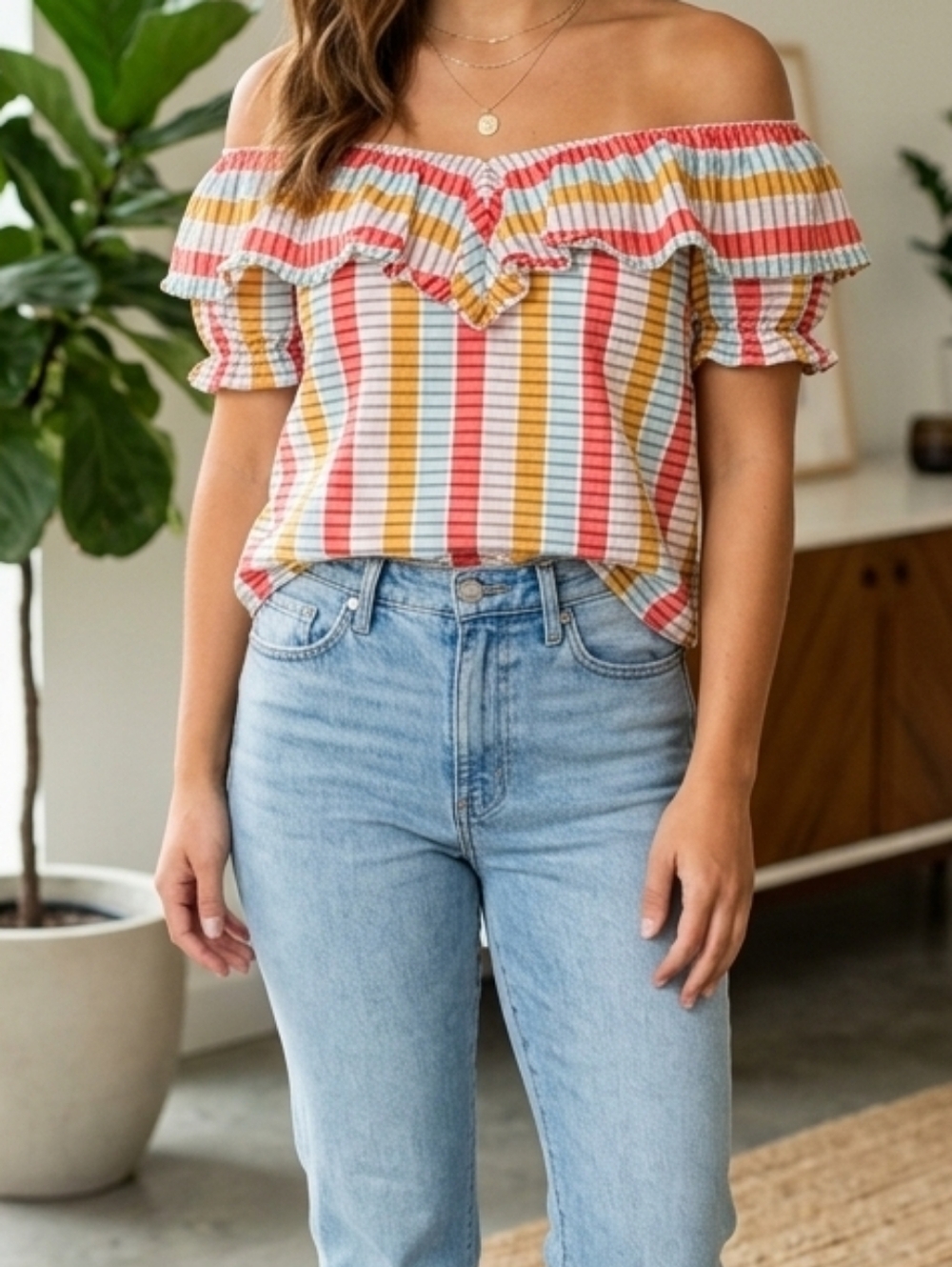 LOFT Off-Shoulder Striped Ruffle Top in Red, Yellow, Blue
